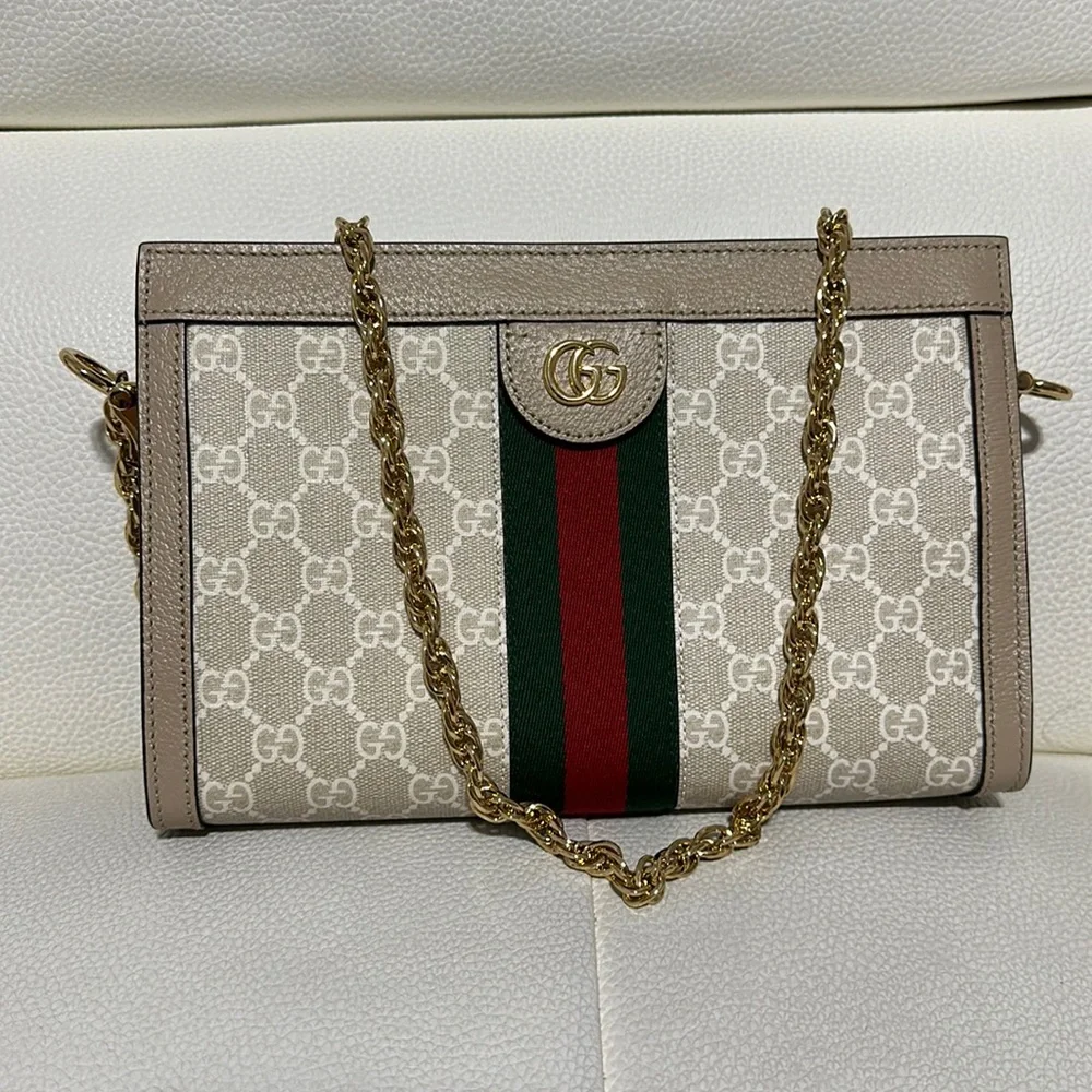 Gucci Beige and Green Shoulder Bag with Gold Chain - Picture 1 of 6